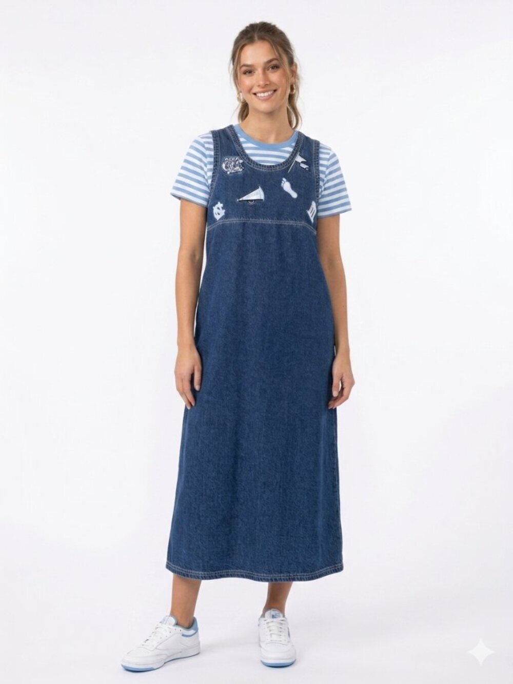 Vintage UNC Tar Heels Denim Jumper Dress NCAA Collegiate 90s Patch Shift Dress L